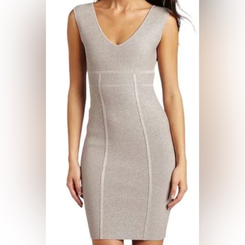 BCBGMaxAzria Sleeveless Bodycon Ribel 
Mini Dress with Sparkling Rose Mist Lurex